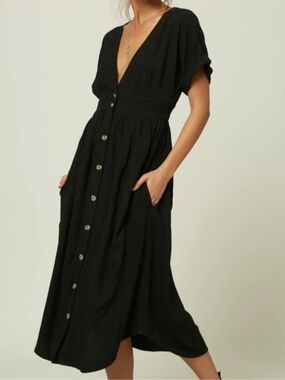O'Neill Black Button-Front V-Neck Midi Dress with Pockets. Size M. Like New.